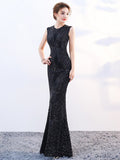 Formal Evening Dress Mermaid O Neck Sleeveless Long Party Gowns Robe Soiree Elegant Red Gold Black New Sequins Dress