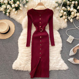 Women Elegant Long Sleeve Ribbed Sweater Dress With Belt Button Front Slit Sexy Knitted Bodycon Midi Dress