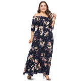 Navy Blue Floral Print Women Plus Size Summer Boho Off Shoulder Long Maxi Beach Party Bohemian Dresses