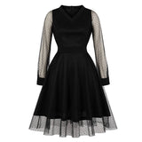 Black Elegant Dotted Mesh Overlay Sheer Long Sleeve Women Autumn High Waist Vintage Midi Party Dress