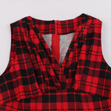 Women High Waist Red Plaid Vintage Ruched A Line Sleeveless V-Neck Wrap Elegant Midi Dress