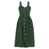 Vintage Polka Dot Button Up Summer Midi Tank Dresses for Women Spaghetti Strap Shirred Back Pleated Casual Dress