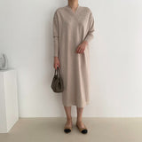 V Neck Long Sleeve Solid Cozy Casual Knitted Dress Autumn Winter Midi Dress Elegant Loose Dress