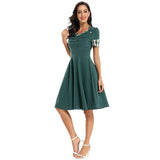 Dark Green Vintage V Neck Patchwork Plaid Short Sleeve Robe Pin Up Swing Retro Dress