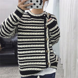 Autumn Women Coat Irregular Single-breasted Stripe Knit Vintage Casual Cardigans Sweaters Outwear