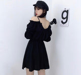 Emo Alt Women Black Dress Plus Size 4XL Lace Up Aesthetic Harajuku High Waist Femme Off Shoulder Long Sleeve Mini Gothic Dresses