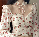 Bohemian Sexy Women Short Crop Tops 2021 Spring Summer Floral Print Ruffles Collar Chiffon Shirts Puff Long Sleeve Blouse