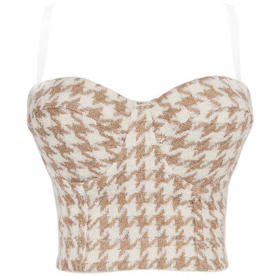Contrast Colour Lattice Patchwork Women Crop Top Built In Bra Sexy Push Up Bustier Corset Casual Top With Cups