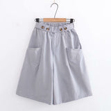 2021 Button Front School Women Wide Leg Shorts Skirts Korean Style Casual Loose Solid Elastic Waist Streetwear Flare Short Pants