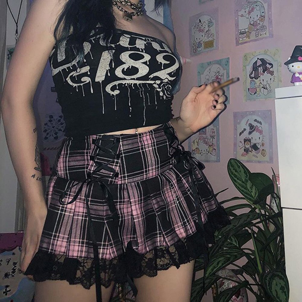 2021 Sweet Harajuku Plaid Gothic Skirt Western Style Diablo Lace Up Front High Waist Thin Pleated Short Skirts Hip Hop Women