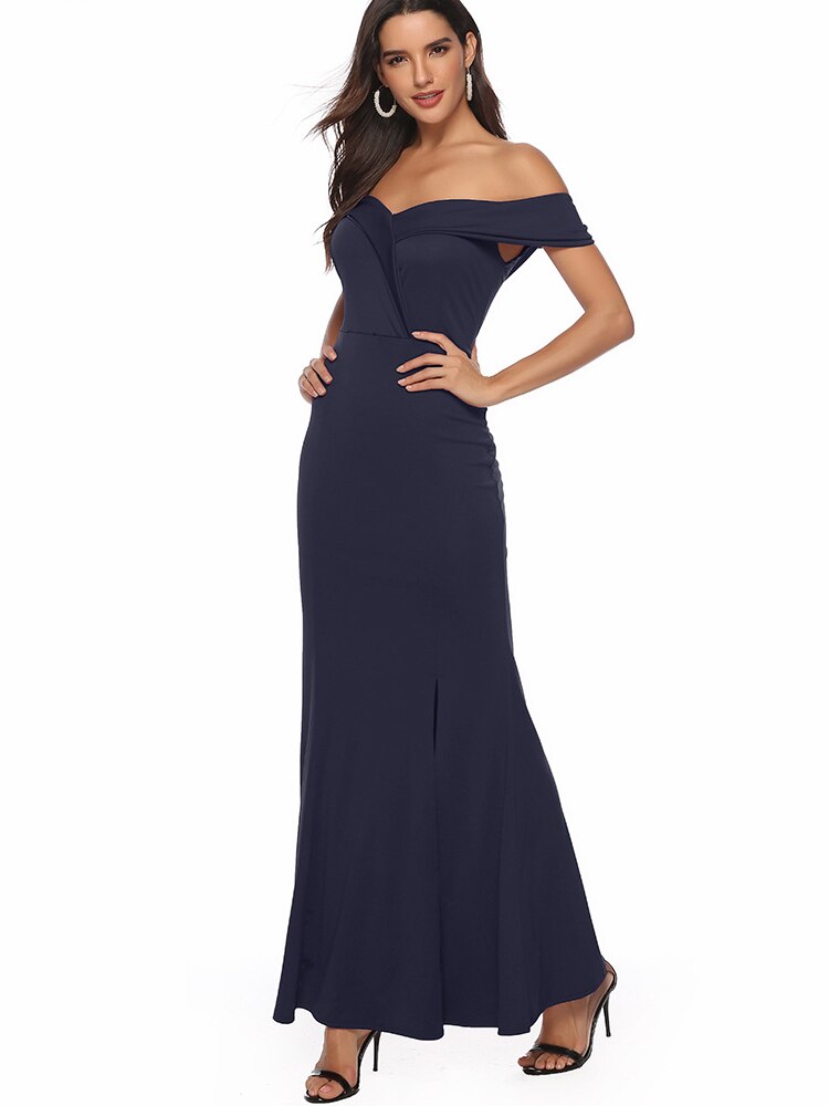 New One Word Shoulder V Neck Evening Dress Side-Slit Party Mermaid Floor Length Robe Prom Dress