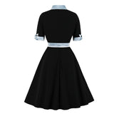 Bow Neck Black Vintage Autumn Winter Dress Female Robe Half Sleeve A Line Swing Dresses Belted Elegant Women Clothing Vestidos