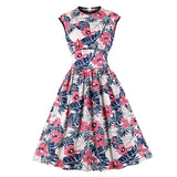 2021 Floral Print Elegant High Waist Vintage Pinup Girls 50s 60s Clothes Dresses Women O-Neck Sleeveless Pleated Cotton Dress