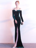 Vintage Velvet Evening Dresses Long-sleeve Off-shoulder Gowns Sexy Backless High Split Robe De Soriee Diamond Formal Dress