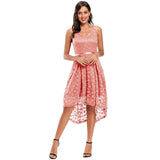 Lace Women Sleeveless Backless V Neck High Low Pink Formal Evening Party Dresses
