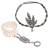 1920s Flapper Pearl Headband Bracelet Ring Inspired Leaf Simulated Jewelry Set