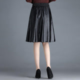 Women Faux Leather High Waist A-Line Pleated Casual Summer Elegant Long Black Skirts