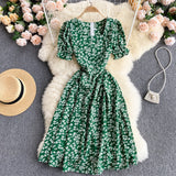 Leaf Floral Print Women Summer Short Puff Sleeve Casual Midi Dress Knee Length Square Neck Elegant Vintage Dress