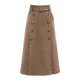 Long Women Black Khaki Woolen A-Line Autumn Thick Button Office Ladies Korean Suit Skirt