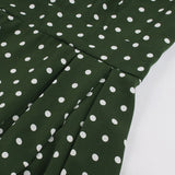 2021 Turn-down Collar Tie Front Polka Dot Vintage Robe Women Green 50s Pin Up Dress Short Sleeve Elegant Summer Pleated Dress