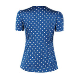 2021 Women Blue Vintage Button Up Shirt V-Neck Short Sleeve Polka Dot Tops Slim Fit Female Summer Retro Style Slim Shirts