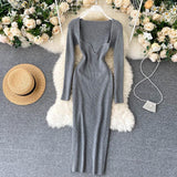 Strapless Ribbed Knitted Bodycon Dress Women Winter Long Sleeve Midi Sweater Dress Clothes