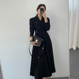 Autumn Women Elegant Pleated Shirt Dresses Full Sleeve Slim Double Breasted Sashes Dress Chic Female Office Lady Maxi Vestidos