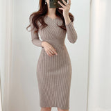 Women V Neck Long Sleeve Casual Knitted Solid Midi Dress Elegant Ribbed Bodycon Dress