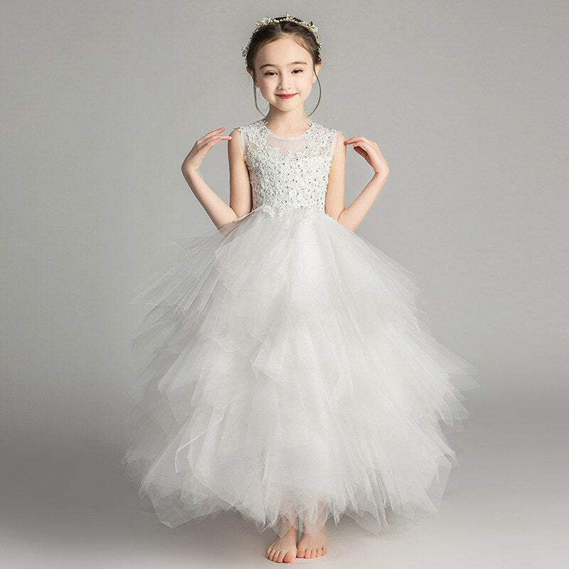 Appliques Crystal Pink Pretty Flower Girl Dress Baby Girl Ball Gown Kids Formal Wear Wedding Party Dress