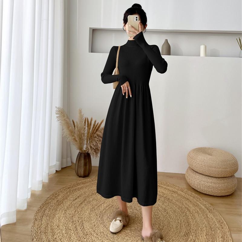 Elegant Autumn Knitted Pleated Dress Half High Collar Women Sweater Midi Dress 2021 A-line Solid Vestidos