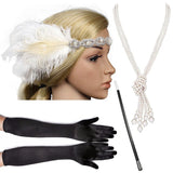 4 Pcs/Set 1920s Great Gatsby Party Costume Accessories Set Flapper Feather Headband Pearl Necklace Gloves Cigarette Holder