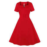 1950S Vintage Notched Red Elegant Midi Rockabilly Summer Pocket Side High Waist Cotton Pinup Dress