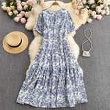Vintage Blue And White Print Midi Dress Elegant Round Neck Puff Sleeve Tiered Loose Summer Dress