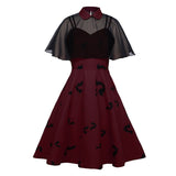 2021 Chiffon Cape Bat Print Elegant Summer Midi Dress High Waist Vintage Style 50s 60s Women Halloween Party Swing Dresses