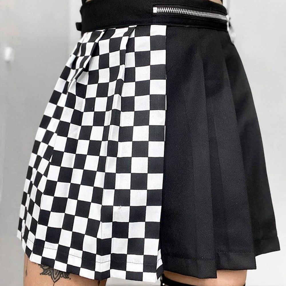 Patchwork Streetwear Gothic Skirt Fashion Diablo Western Style Harajuku Lattice Contrast Splicing Pleated High Waist Short Skirt