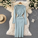 Autumn Winter Elegant Crew Neck Long Sleeve Ribbed Knitted Dress Solid Sexy Bodycon Midi Dress