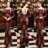 O-neck Full Sleeve Luxury Sequins Evening Dress Elegant Mermaid Formal Robe Sexy Backless Women Party Long Vestidos