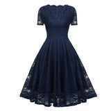 V-Neck High Waist Lace Elegant Party Night Midi Short Sleeve Vintage Style Pleated Swing Dress