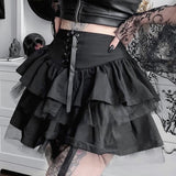 2021 Japanese Harajuku Style Black Pleated Skirts Lace Up Front Mesh Retro Punk Lolita Cake Mini School Girls Cute Casual Skirts