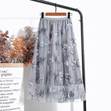 Dragonfly Sequin Embroidered Mesh Midi Skirt Elastic High Waist A-Line Women Summer Skirt