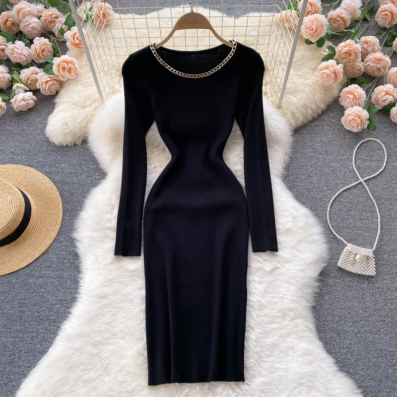 Autumn Winter Long Sleeve Ribbed Knitted Dress Round Neck Chain Night Club Sexy Bodycon Dress