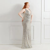 New Women Plus Size Mermaid Sequins Evening Dress V Neck Elegant Sleeveless Formal Occation Party Gowns