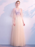 O-neck Applique embroidery Evening Dress Tulle A-line Prom Dress Short Sleeve Champagne Vestido