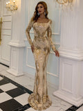 Square Neck Full Sleeve Sequins Evening Dress Mermaid Gold Robe De Soriee Long Vestidoes Women Formal Party Gowns