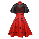 Chiffon Cape Bat Print Elegant Summer Midi High Waist Vintage Style Women Halloween Party Swing Dress