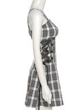 Fairy Grunge Mini Plaid Dress Women Mall Goth Punk Aesthetic Y2k Zipper Bandage Corset Dress Vintage Dark Gothic Alt Outfits