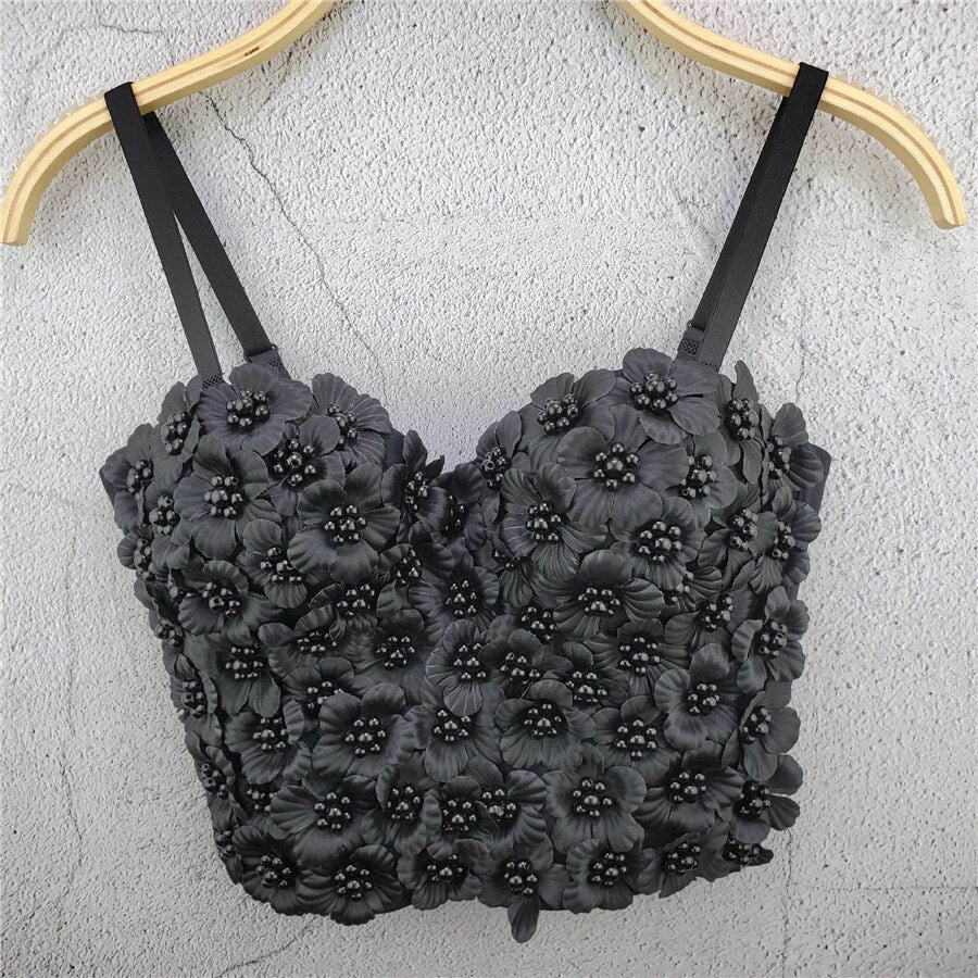 New Summer Sweet Floral Handmade Beading Party Sexy Women Top With Cups Crop Top To Wear Out Push Up Bralette Bra Corset
