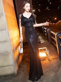 V-neck Sequins Evening Dresses Black Champagne Flounces Women Formal Prom Gowns Floor-Length Short-Sleeves Mermaid stretchy Robe