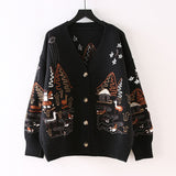 Autumn Women Vintage Long Sleeve Cartoon embroidery Sweater Coat Casual Knitted Cardigans