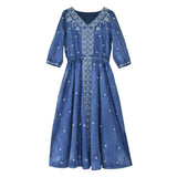 Denim Vintage Embroidery Midi Women Casual Slim High Waist A-Line Dress Outwear